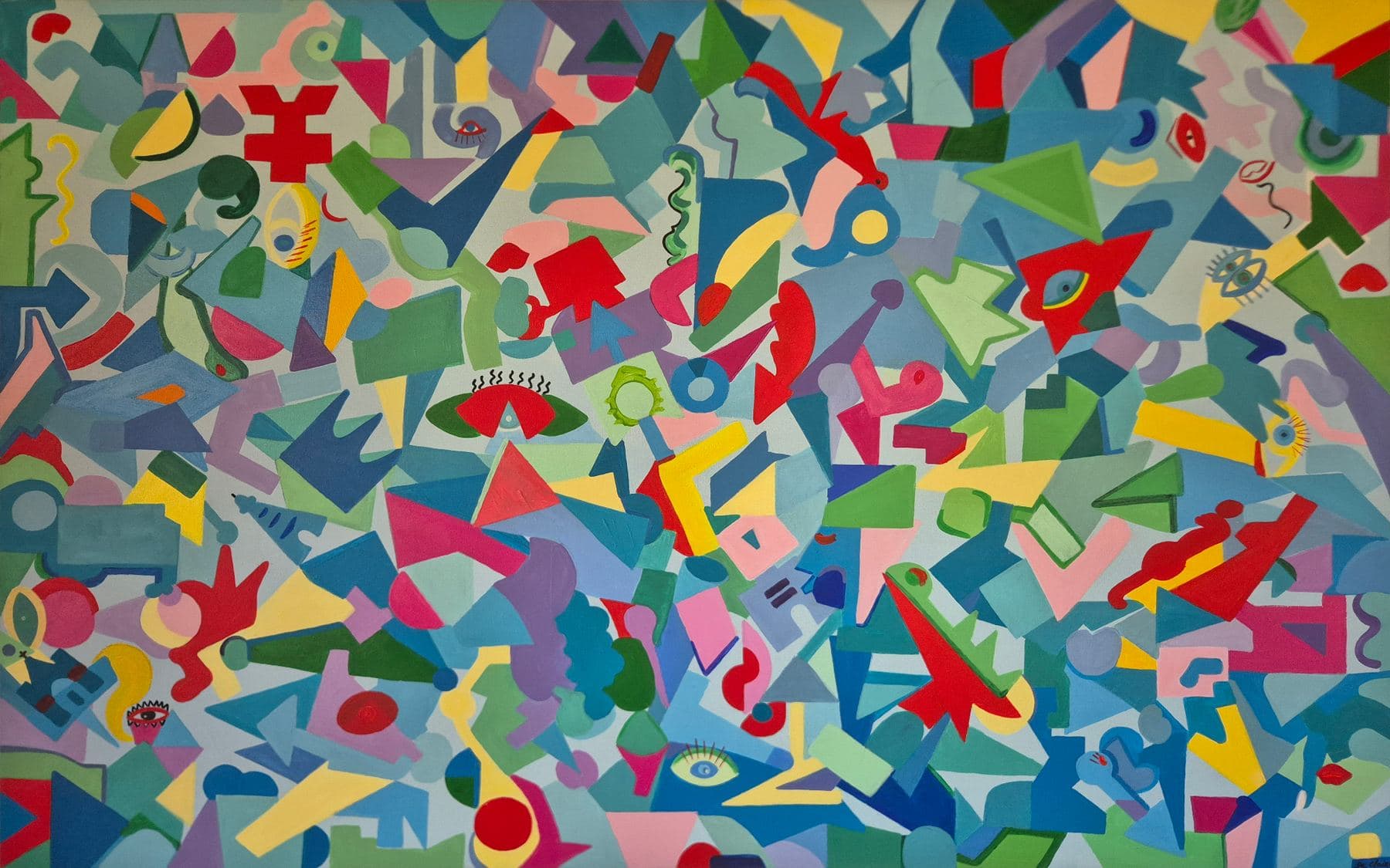Peinture abstraite géométrique et très colorée de M. C. Lamamie de Clairac, dense en formes, évoquant l'effervescence de la scène artistique toulousaine
