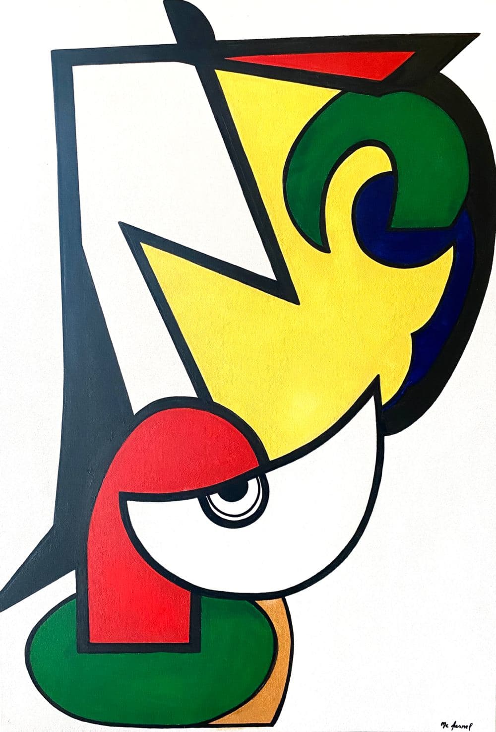 Peinture abstraite de M. C. Lamamie de Clairac aux aplats de couleurs primaires cernés de lignes noires épaisses, écho contemporain à la rigueur chromatique du néoplasticisme